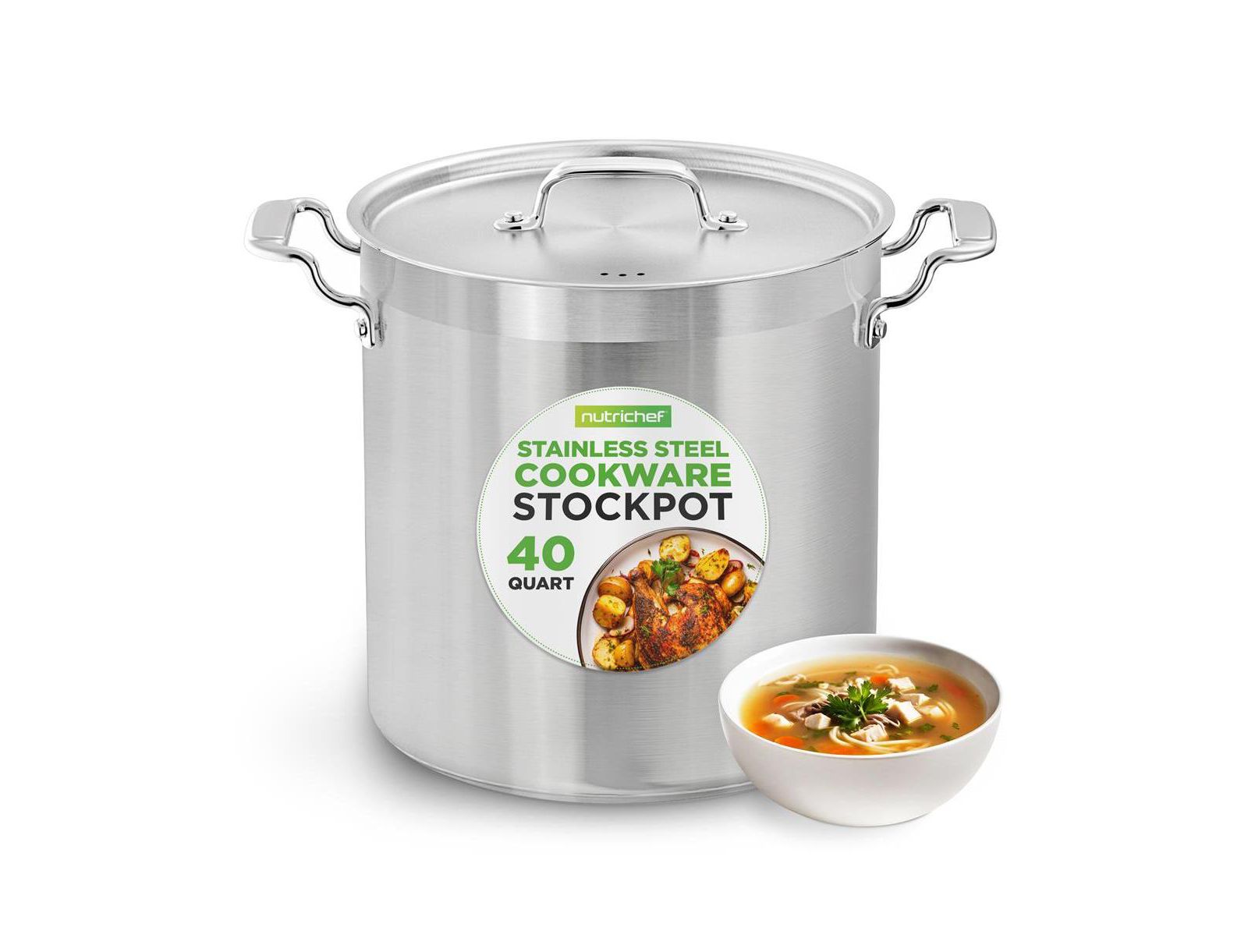 NutriChef Stainless Steel Cookware Stockpot - 40 Quart, Heavy Duty Induction Pot, Soup Pot With Stainless Steel Lid