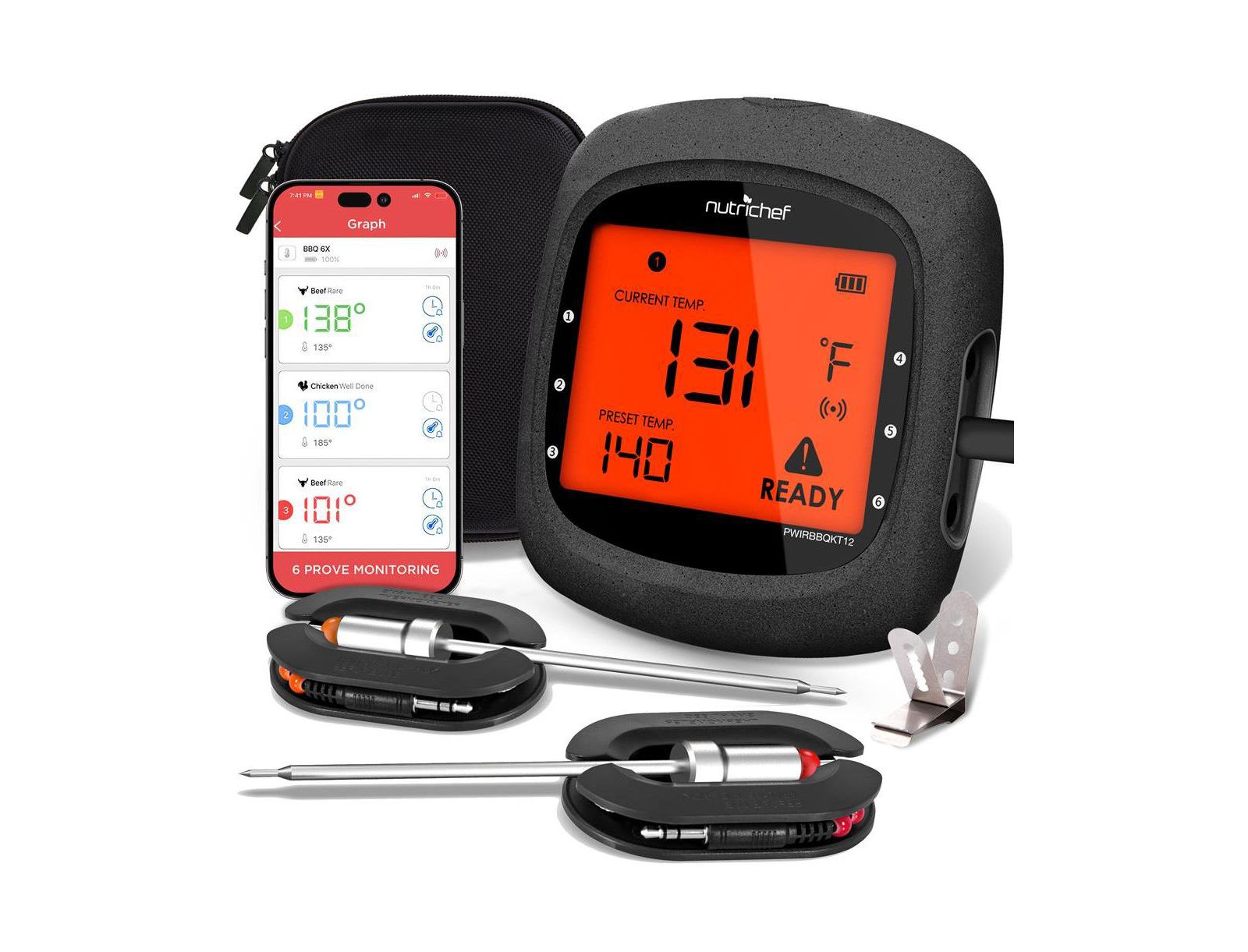 NutriChef Bluetooth Wireless BBQ Digital Thermometer - Includes 2 Temperature Probes and Travel Case with Digital LCD Display Screen