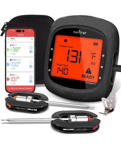 NutriChef Bluetooth Wireless BBQ Digital Thermometer - Includes 2 Temperature Probes and Travel Case with Digital LCD Display Screen
