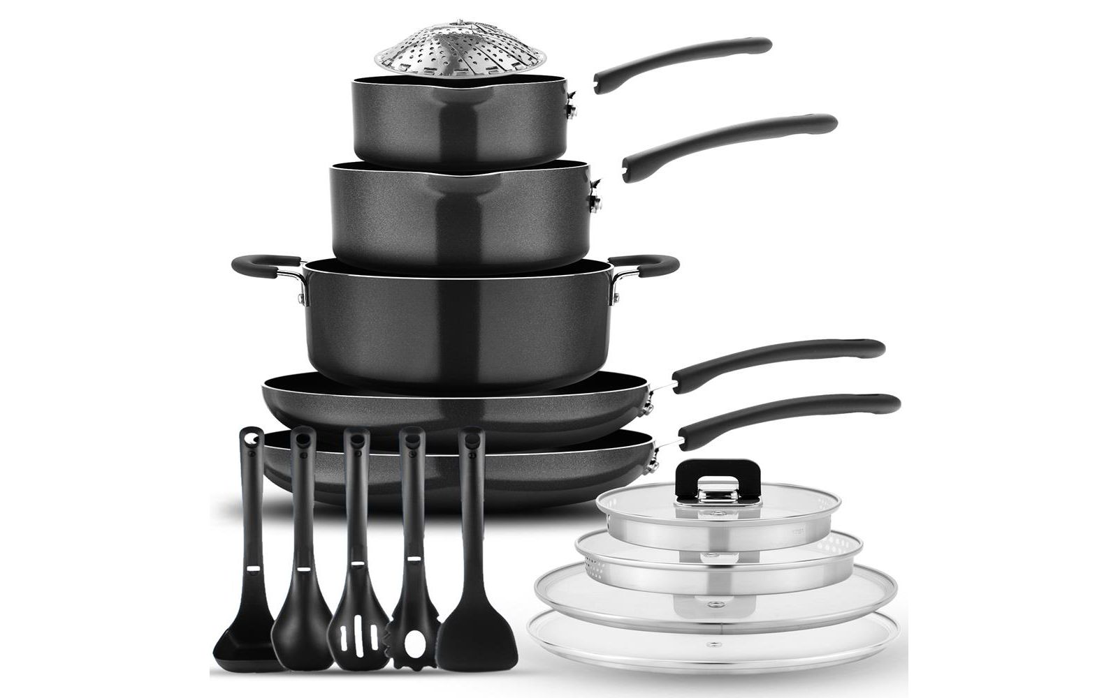 NutriChef 17pc Stackable Nonstick Cookware Set – Stainless Steel, Induction Ready, Foldable Knob, Space-Saving, Nylon Tools, Black