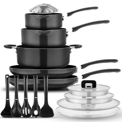 NutriChef 17pc Stackable Nonstick Cookware Set – Stainless Steel, Induction Ready, Foldable Knob, Space-Saving, Nylon Tools, Black