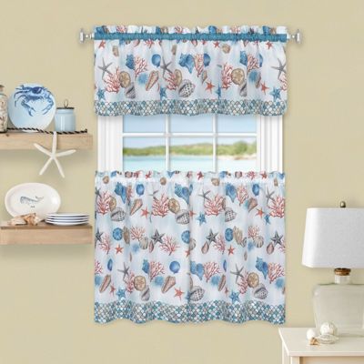 Kate Aurora Coastal Living Nantucket Seashells Complete Kitchen Curtain Tier and Valance Set - 58 in. W x 24 in. L