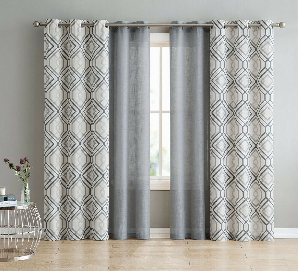 Kate Aurora Coordinating 4 Piece Geometric and Solid Curtain Set - 38 in. W x 84 in. L, Aqua