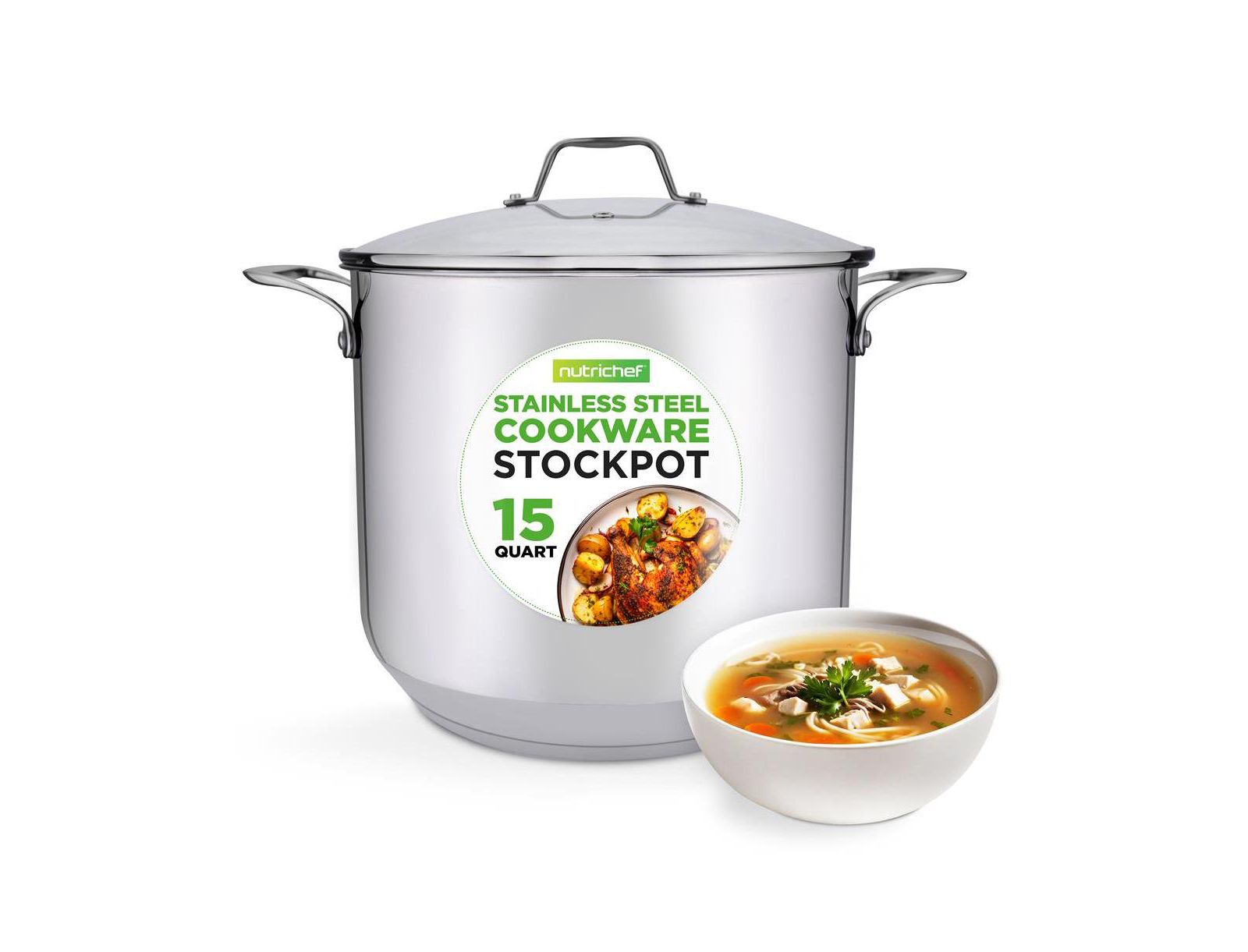 NutriChef Stainless Steel Cookware Stockpot - 15 Quart, Heavy Duty Induction Pot, Soup Pot With Lid