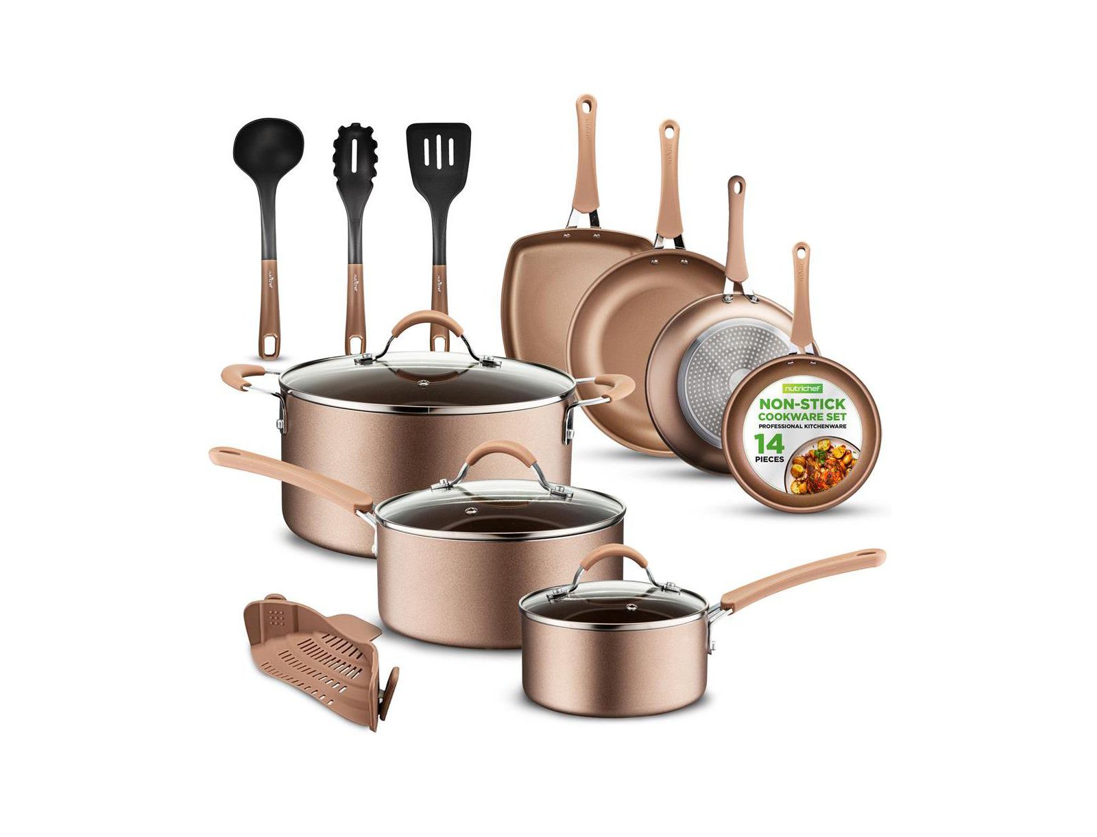 Набор кухонной посуды NutriChef Nonstick PFOA/PFOS-Free 14-Piece Stainless Steel с сотейником, сковородами, кастрюлей, крышками и утварью – Model NCCW14S