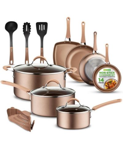 NutriChef Nonstick PFOA/PFOS-Free 14-Piece Stainless Steel Cookware Set with Saucepan, Frying Pans, Dutch Oven, Lids & Utensils – Model NCCW14S
