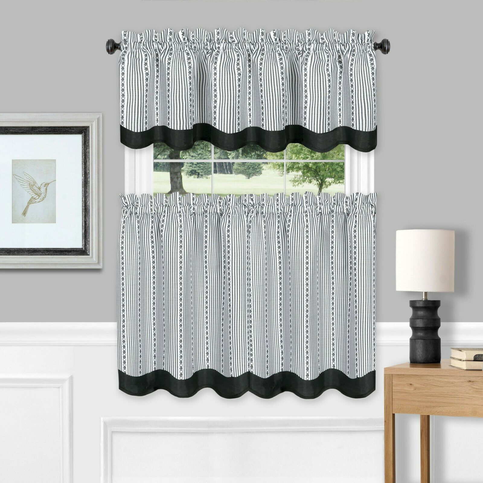 Kate Aurora Farmhouse Striped Rod Pocket Cafe Kitchen Curtain Tier and Valance Set