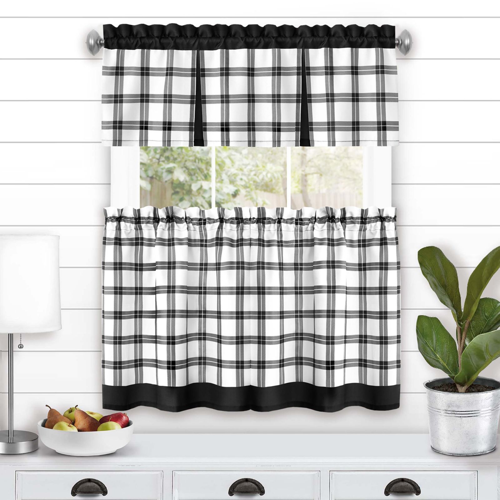 Kate Aurora Windowpane Plaid Country Farmhouse Kitchen Curtain Tier and Valance