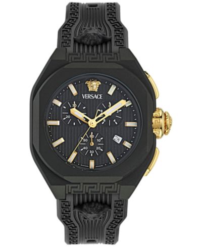 Мужские швейцарские хронограф часы Versace с черным силиконовым ремешком, 44mm