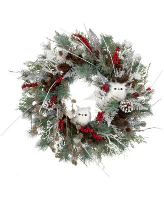 Northlight Snowy Pine Owls and Berries искусственный рождественский венок 34"