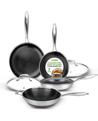 NutriChef Kitchenware Pots & Pans Set - Triply Stainless Steel Cookware, DAKIN Etching Non-Stick Coating Inside and Outside (7-Piece Set)