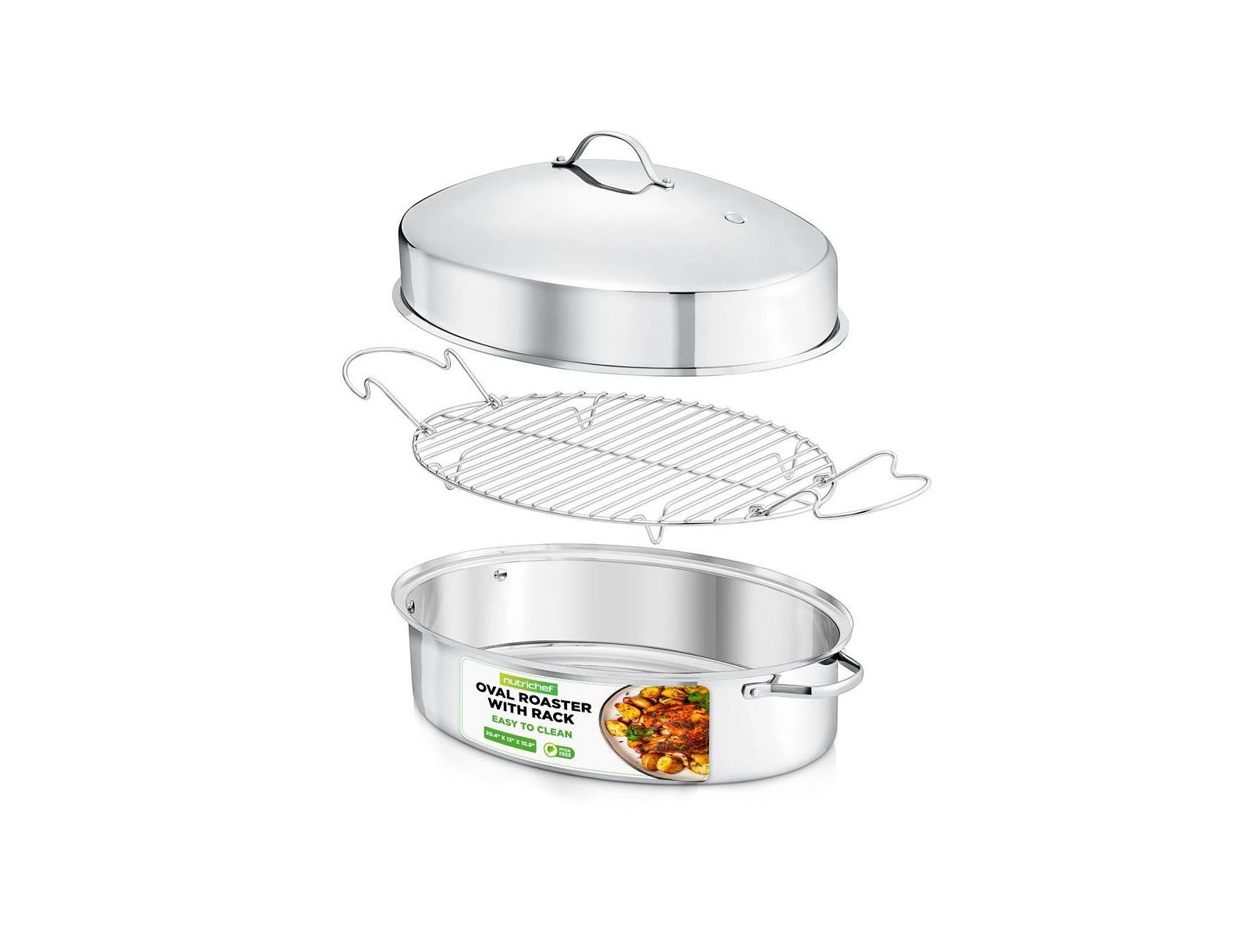 NutriChef Oval Roasting Pan / Roaster with Polished Rack and Stainless Steel Lid