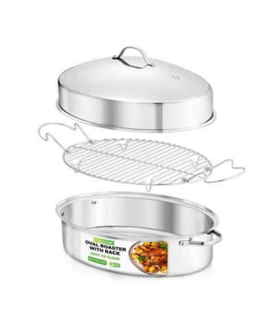 NutriChef Oval Roasting Pan / Roaster with Polished Rack and Stainless Steel Lid