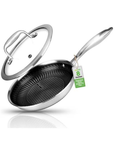 NutriChef 8'' Stir Fry Pan with Glass Lid - Triply Stainless Steel Cookware, DAKIN Etching Non-Stick Coating Inside and Outside