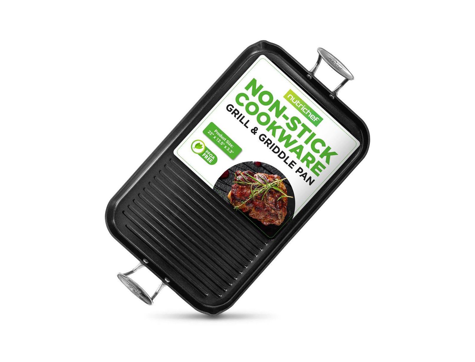NutriChef Hard-Anodized Nonstick Grill & Griddle - Dishwasher Safe Nonstick Double Burner Grill Cookware, 20   x 13   -inches
