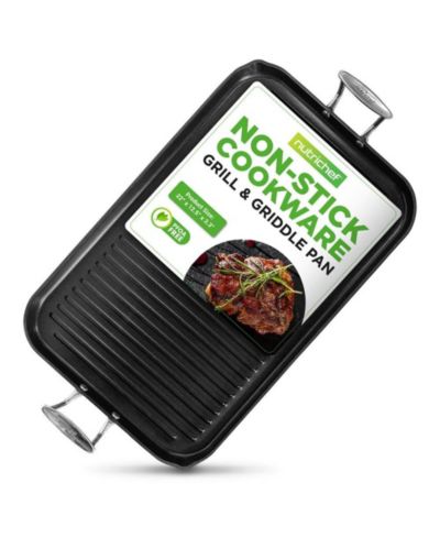 NutriChef Hard-Anodized Nonstick Grill & Griddle - Dishwasher Safe Nonstick Double Burner Grill Cookware, 20   x 13   -inches
