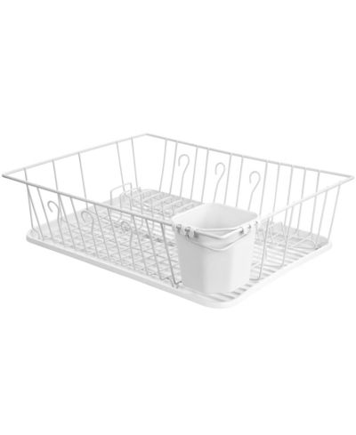 MegaChef 17.5 Inch White Single Level Dish Rack with 14 Plate Positioners and a Detachable Utensil Holder