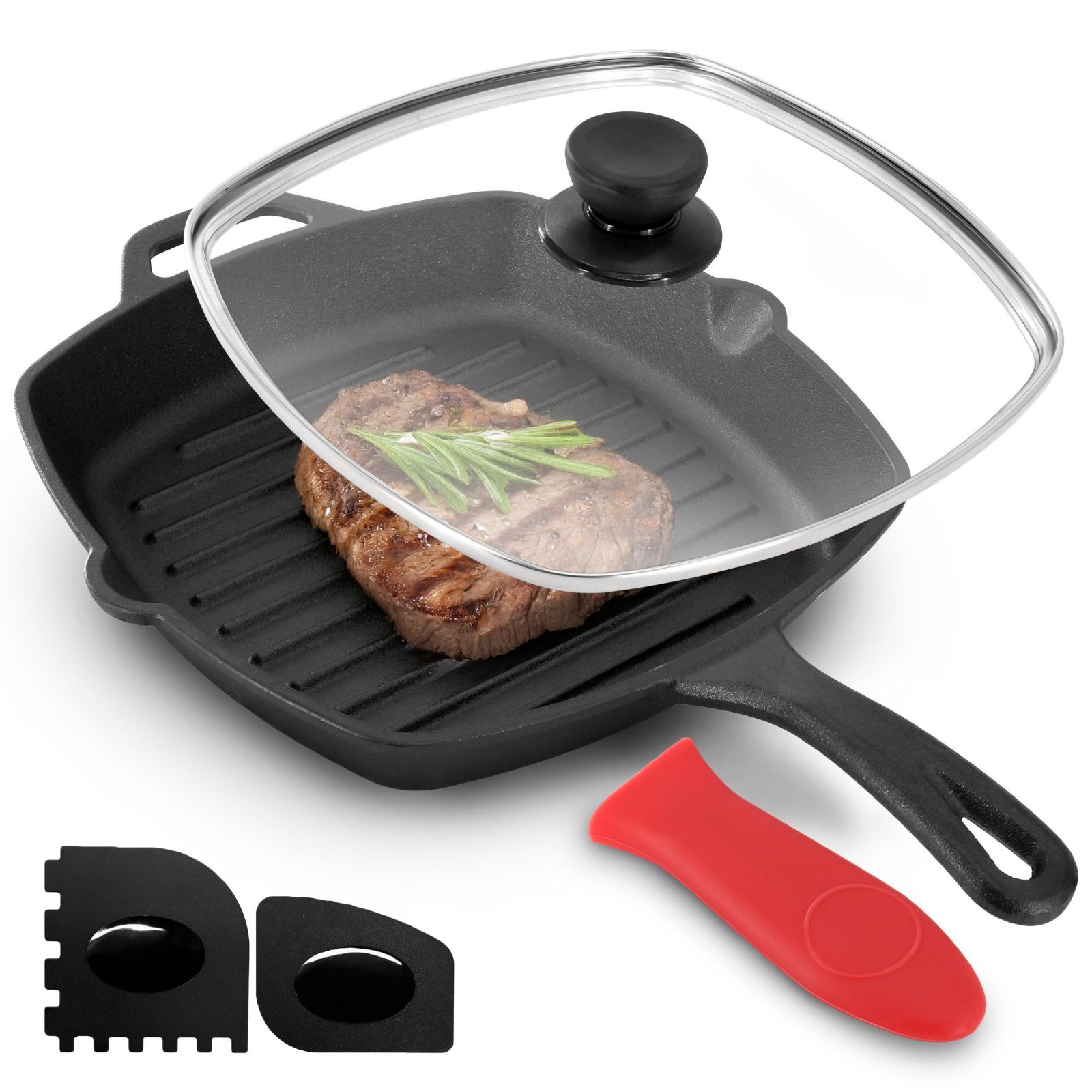 MegaChef Pre-Seasoned Cast Iron 10.4 Inch Griddle with Tempered Glass Lid