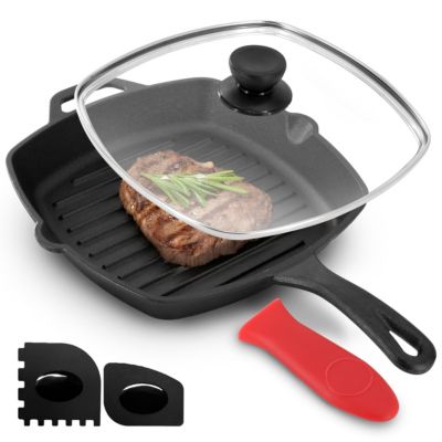 MegaChef Pre-Seasoned Cast Iron 10.4 Inch Griddle with Tempered Glass Lid