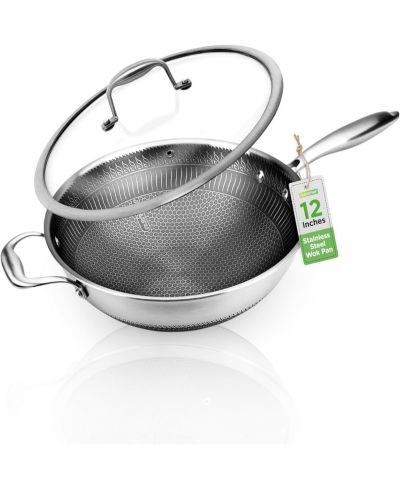 NutriChef 12'' Durable Wok with Side Handle - Triply Stainless Steel Cookware, DAKIN Etching Non-Stick Coating Inside and Outside