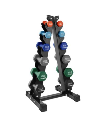 HolaHatha 3, 5, 8, 10, 12 and 15 Pound Neoprene Dumbbell Weight Set w/Storage Rack