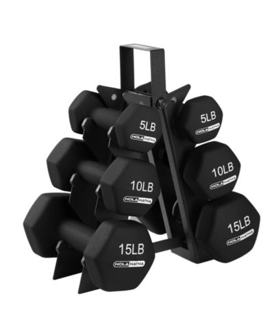 HolaHatha 5, 10, and 15 Pound Neoprene Dumbbell Free Hand Weight Set with Rack