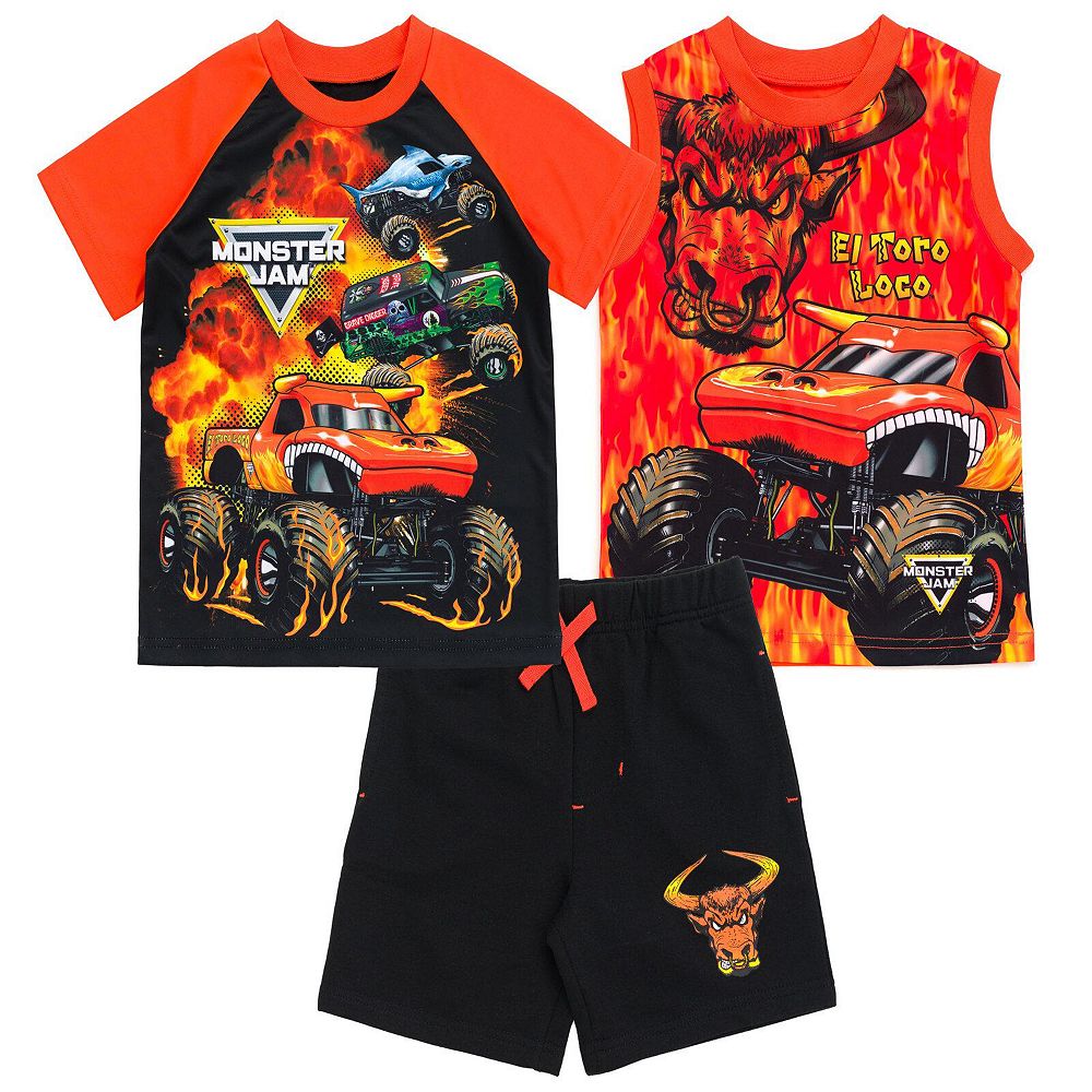 Monster Jam комплект из 3 предметов для мальчиков: футболка/майка Grave Digger, El Toro Loco, Megalodon и шорты из французской махры