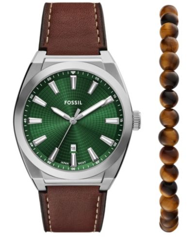 Набор из часов и браслета Fossil Men's Everett Three-Hand Date Brown Leather, 42mm