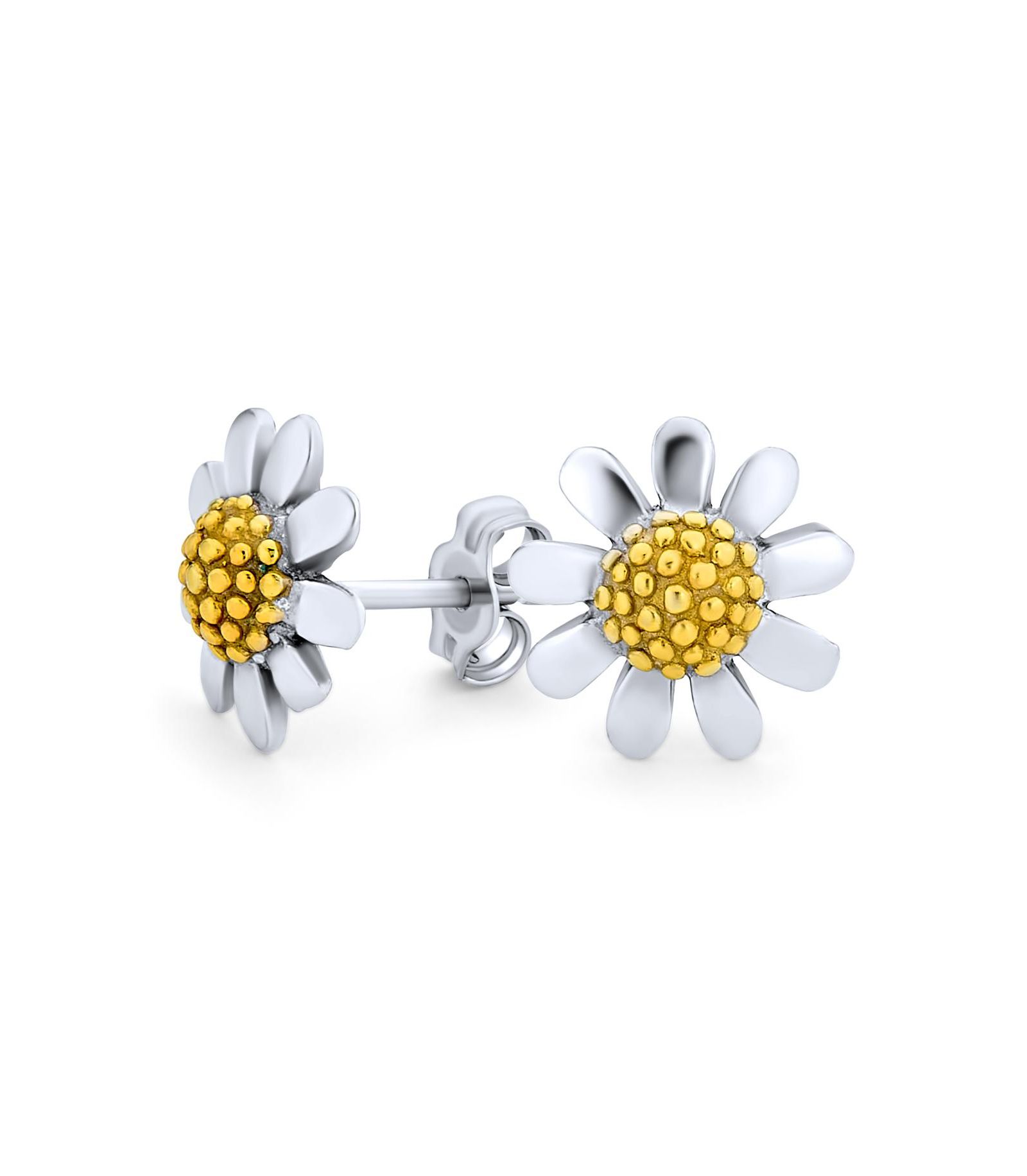 Bling Jewelry Two Tone Sunflower Daisy Flower Stud Earring Gold Plated Sterling Silver