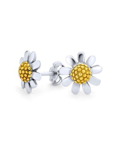 Bling Jewelry Two Tone Sunflower Daisy Flower Stud Earring Gold Plated Sterling Silver
