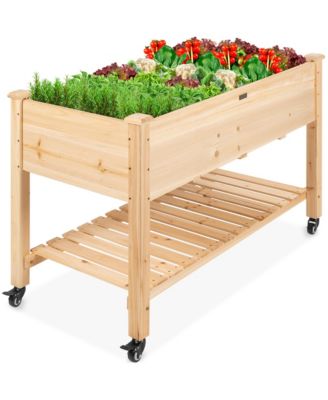 Best Choice Products приподнятая садовая грядка, деревянная мобильная кадка с колесами, полкой и вкладышем, 48" x 23" x 32"