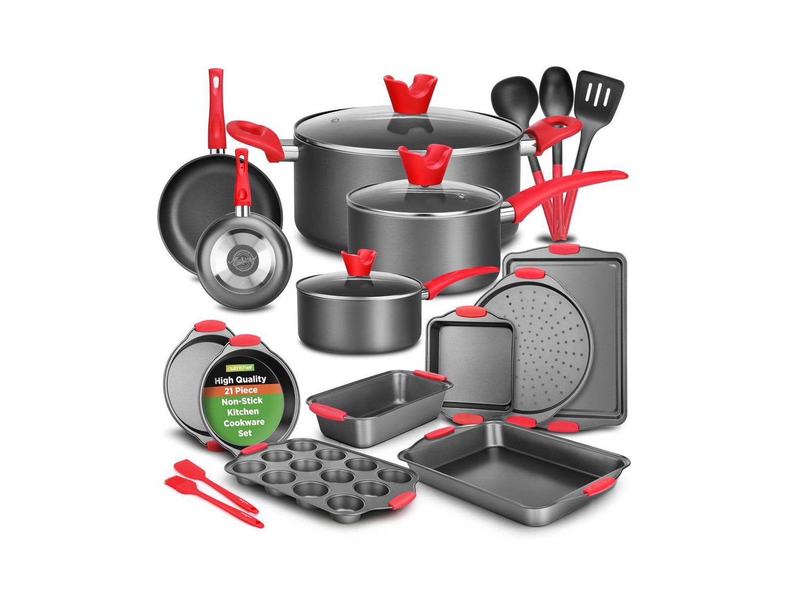 NutriChef Kitchenware Pots & Pans - High qualified Basic Kitchen Cookware Set, Non-Stick Bakeware with Utensils (21-Piece Set)