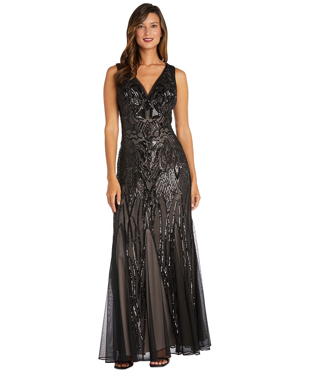 R & M Richards Petite Sequined-Pattern Evening Gown