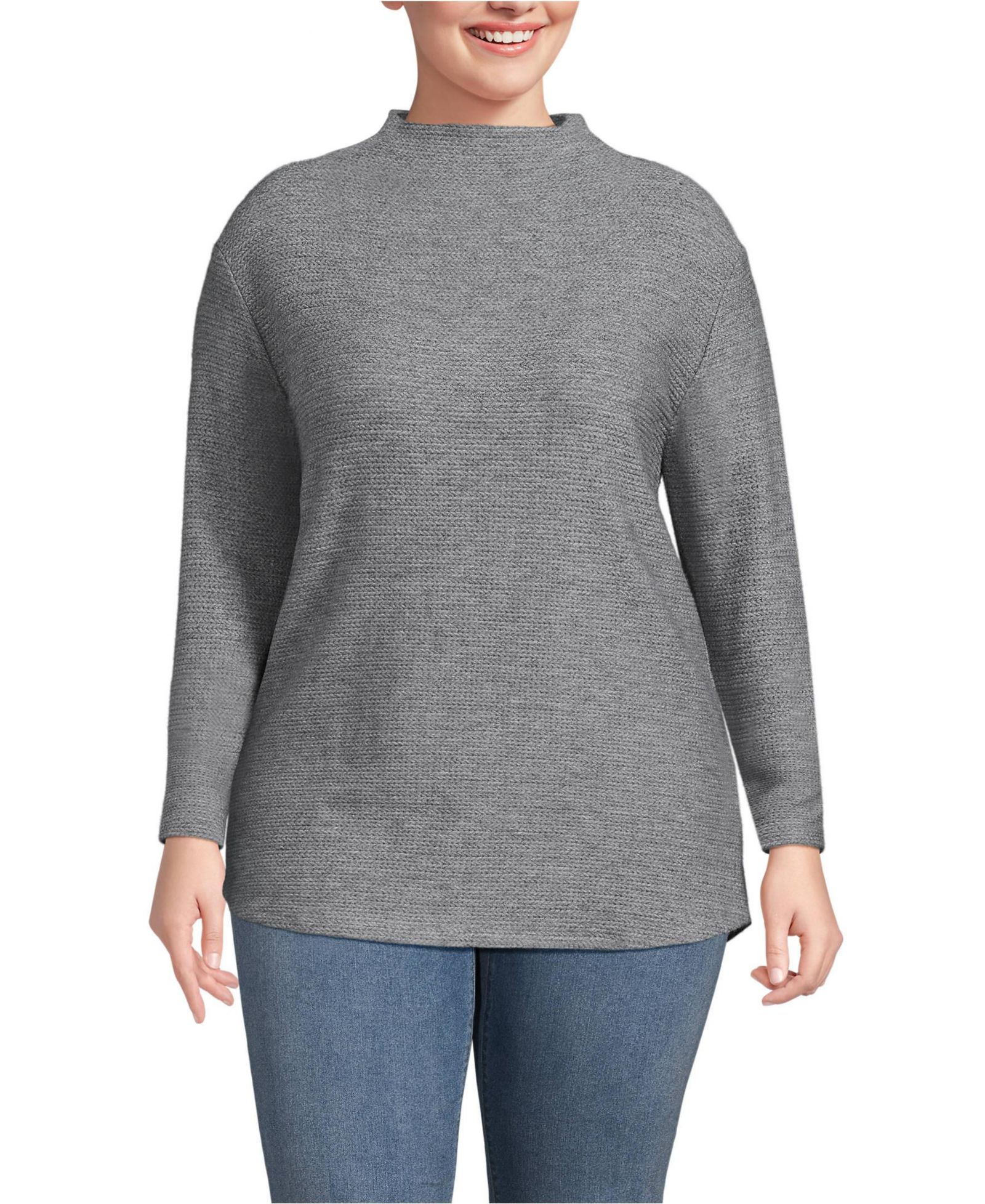 Lands' End Plus Size Cable Ottoman Relaxed Long Sleeve Funnel Neck Tunic