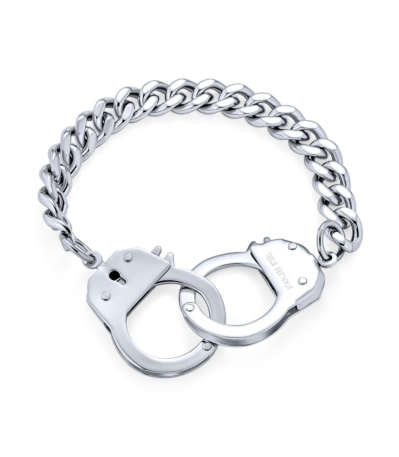 Bling Jewelry Biker Jewelry Couples Handcuff Statement Bracelet Cuban Curb Chain Stainless Steel 8, 8.5 Inch
