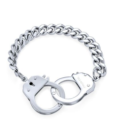 Bling Jewelry Biker Jewelry Couples Handcuff Statement Bracelet Cuban Curb Chain Stainless Steel 8, 8.5 Inch