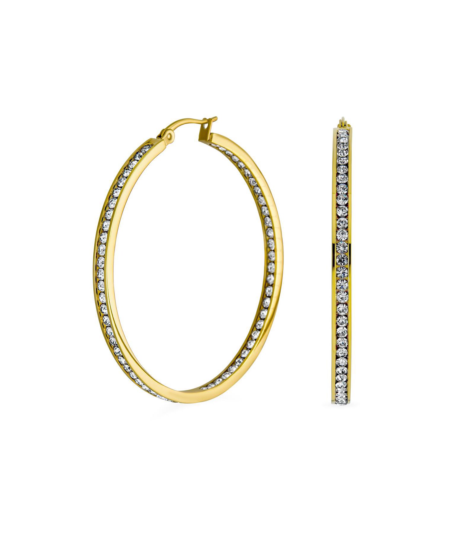 Bling Jewelry Channel Set Crystal Big Statement Hoop Earrings Gold Stainless Steel 2IN