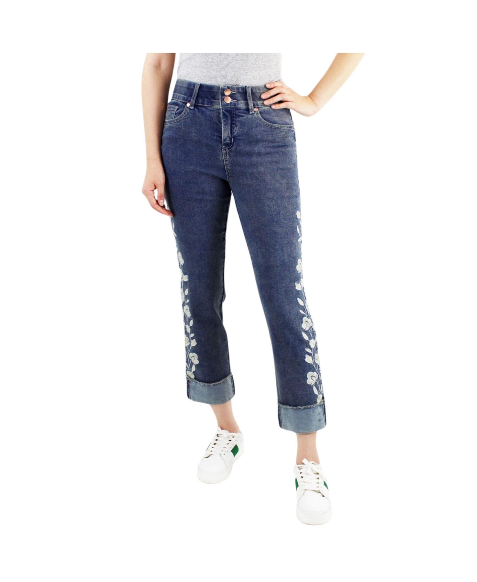 Женские укороченные брюки Indigo Poppy Two Button Tummy Control Embroidered Wide Cuff Crop