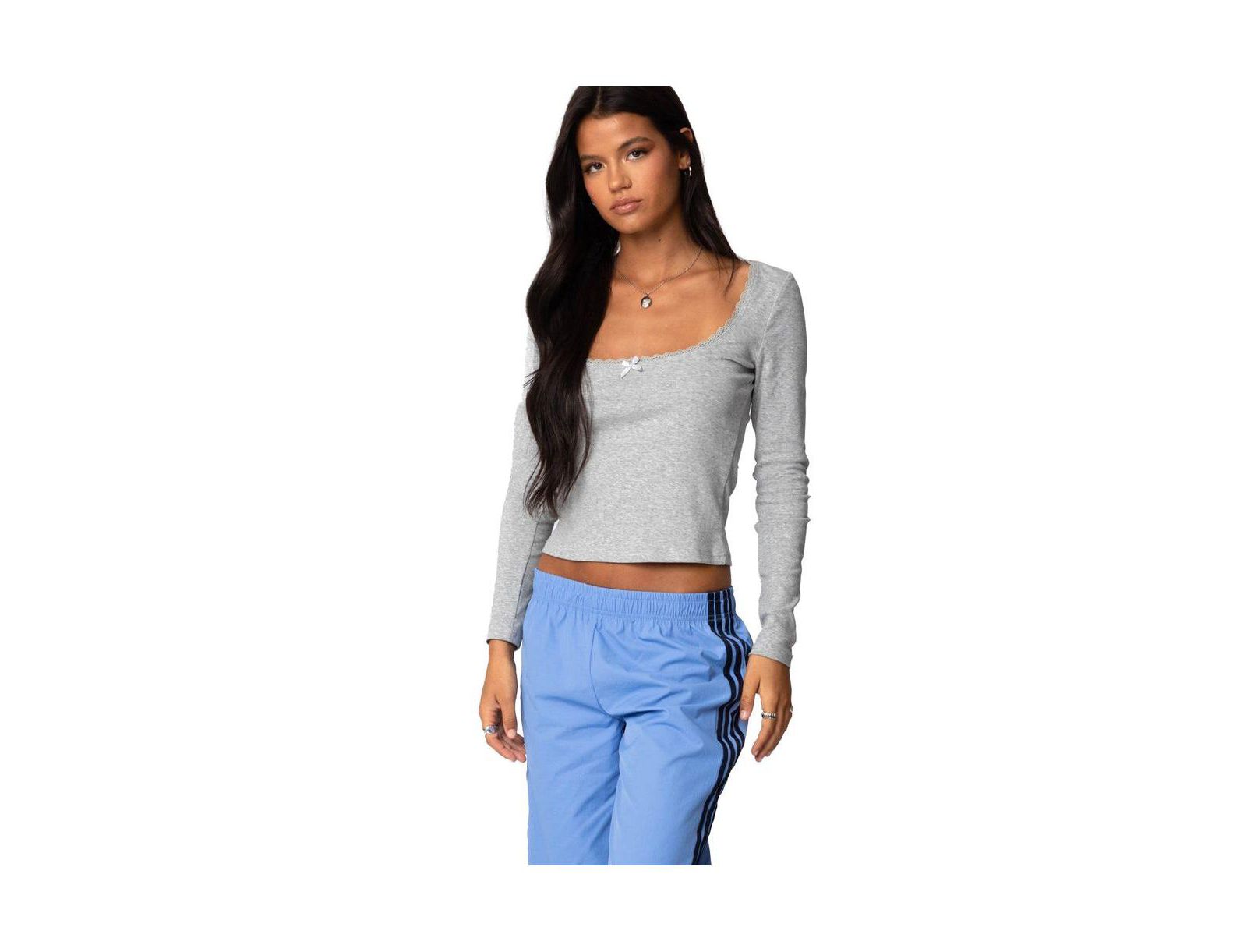 Edikted Womens Mora Lace Trim Ribbed T Shirt