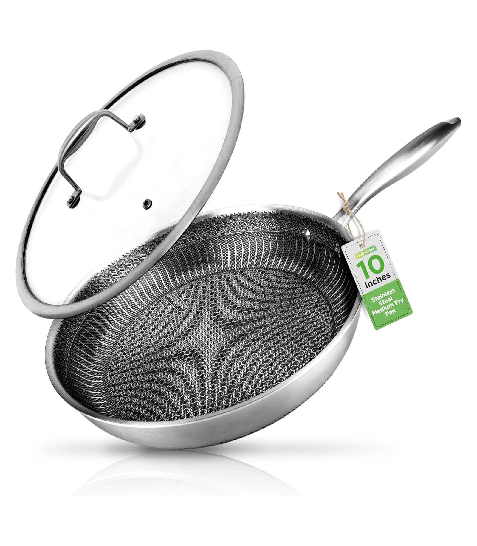 Сковорода NutriChef 10'' Stir Fry с крышкой из стекла - Triply Stainless Steel Cookware, DAKIN Etching Non-Stick Coating Inside and Outside