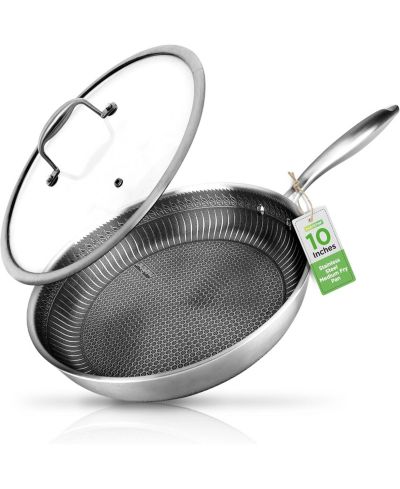 Сковорода NutriChef 10'' Stir Fry с крышкой из стекла - Triply Stainless Steel Cookware, DAKIN Etching Non-Stick Coating Inside and Outside