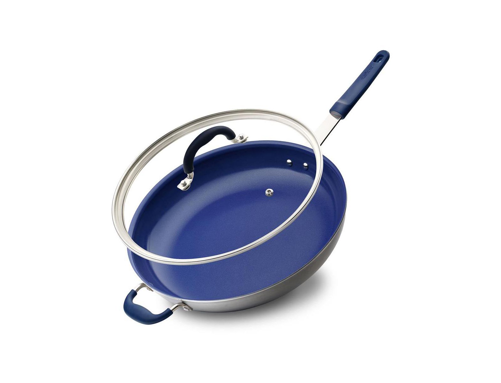 NutriChef 14'' Non-Stick Fry Pan with Lid - Durable Pan with Silicone Handle, Ceramic Coating Inside and Heat-Resistant Outside