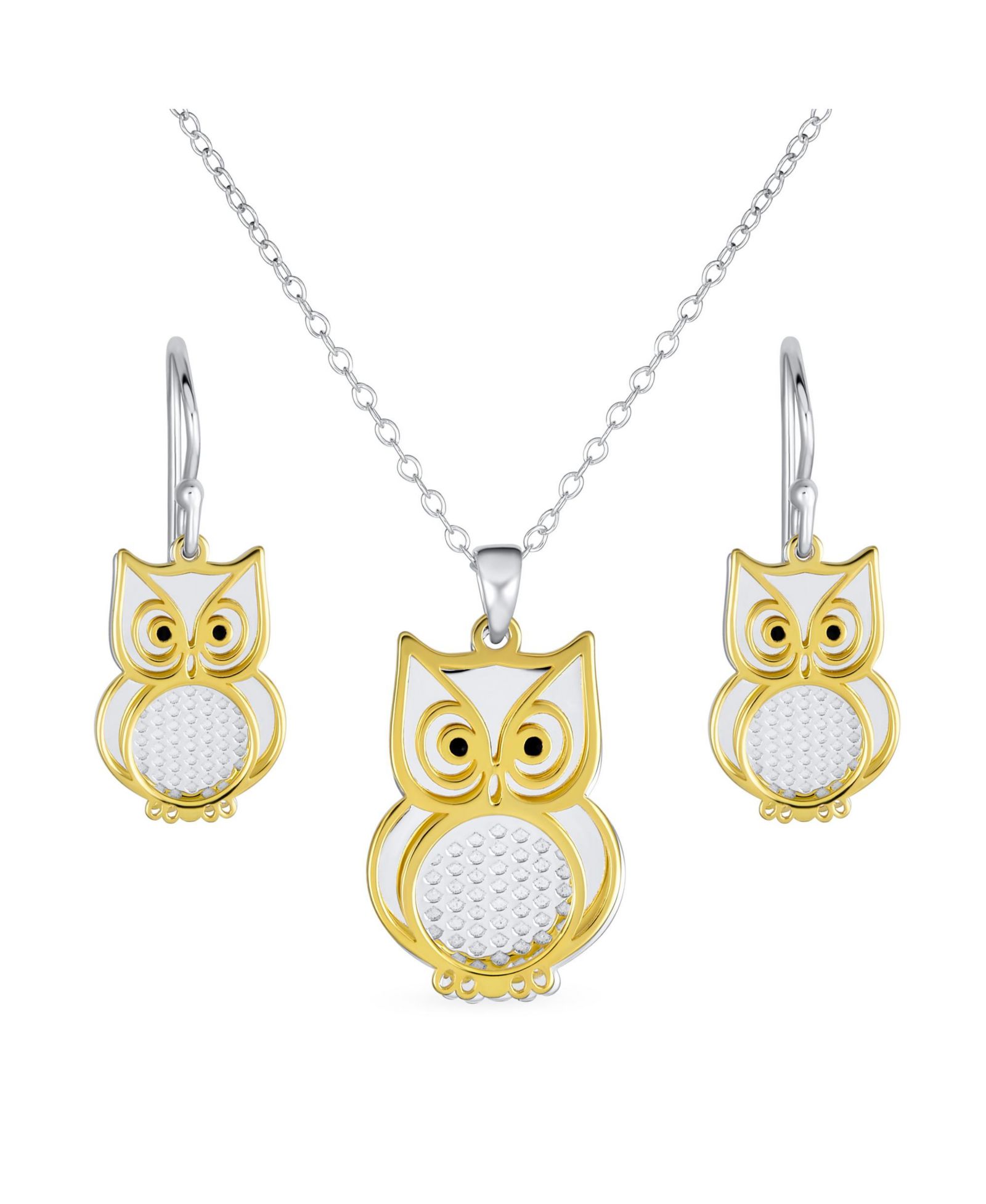 Bling Jewelry Two Tone Owl Pendant Necklace and Earrings Jewelry Set Gold Plated Silver