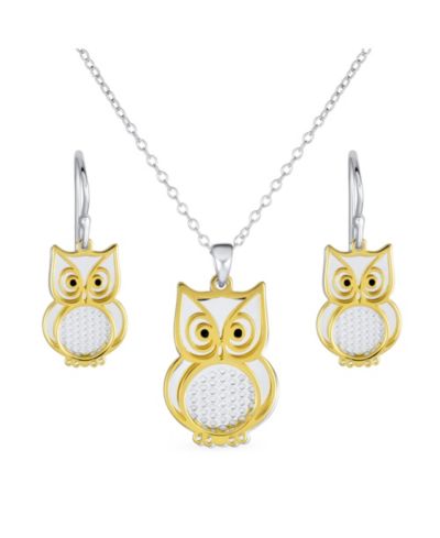 Bling Jewelry Two Tone Owl Pendant Necklace and Earrings Jewelry Set Gold Plated Silver