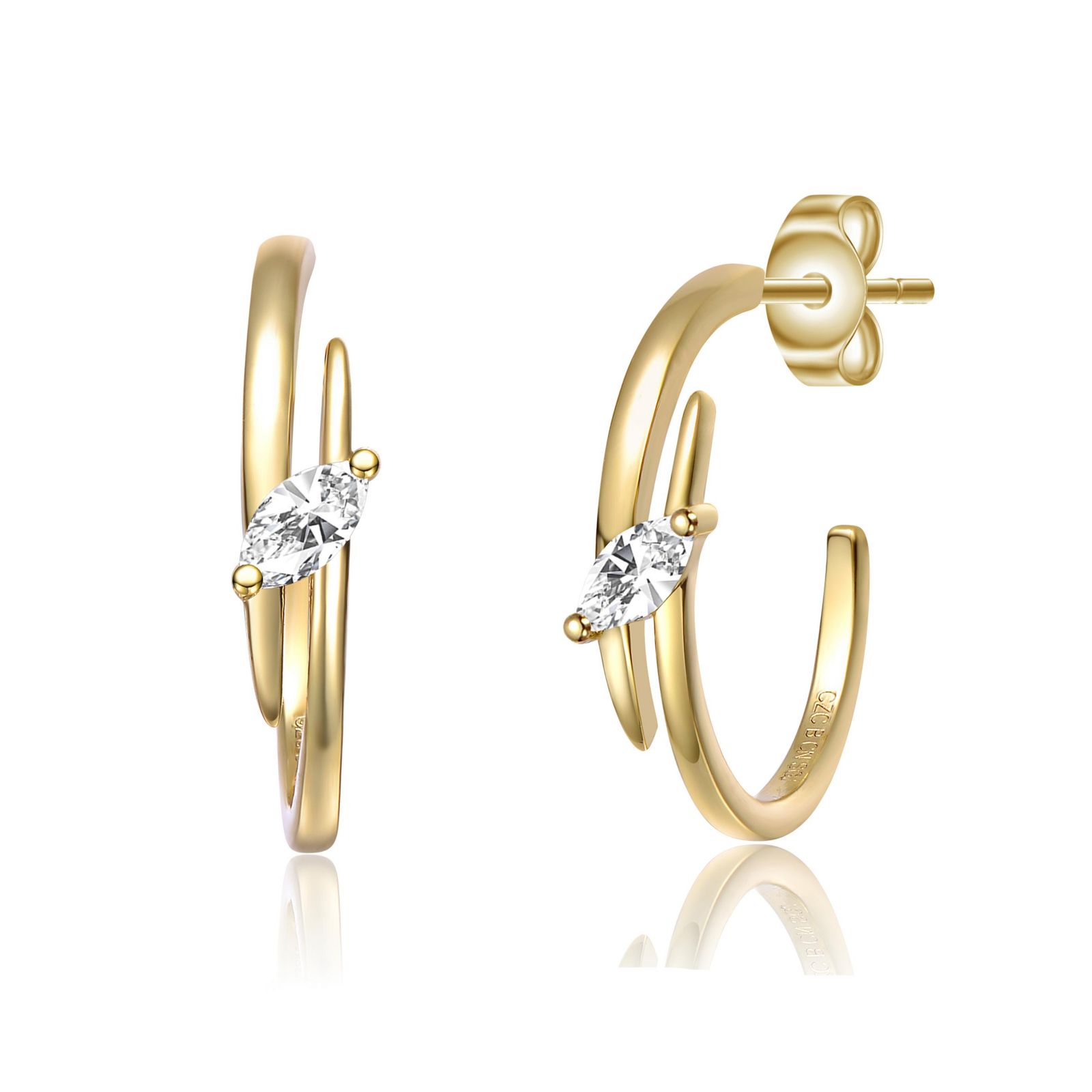 Genevive Серьги-кольца Double Curve C-Hoop с напылением 14K Gold и CZ, серебро S925