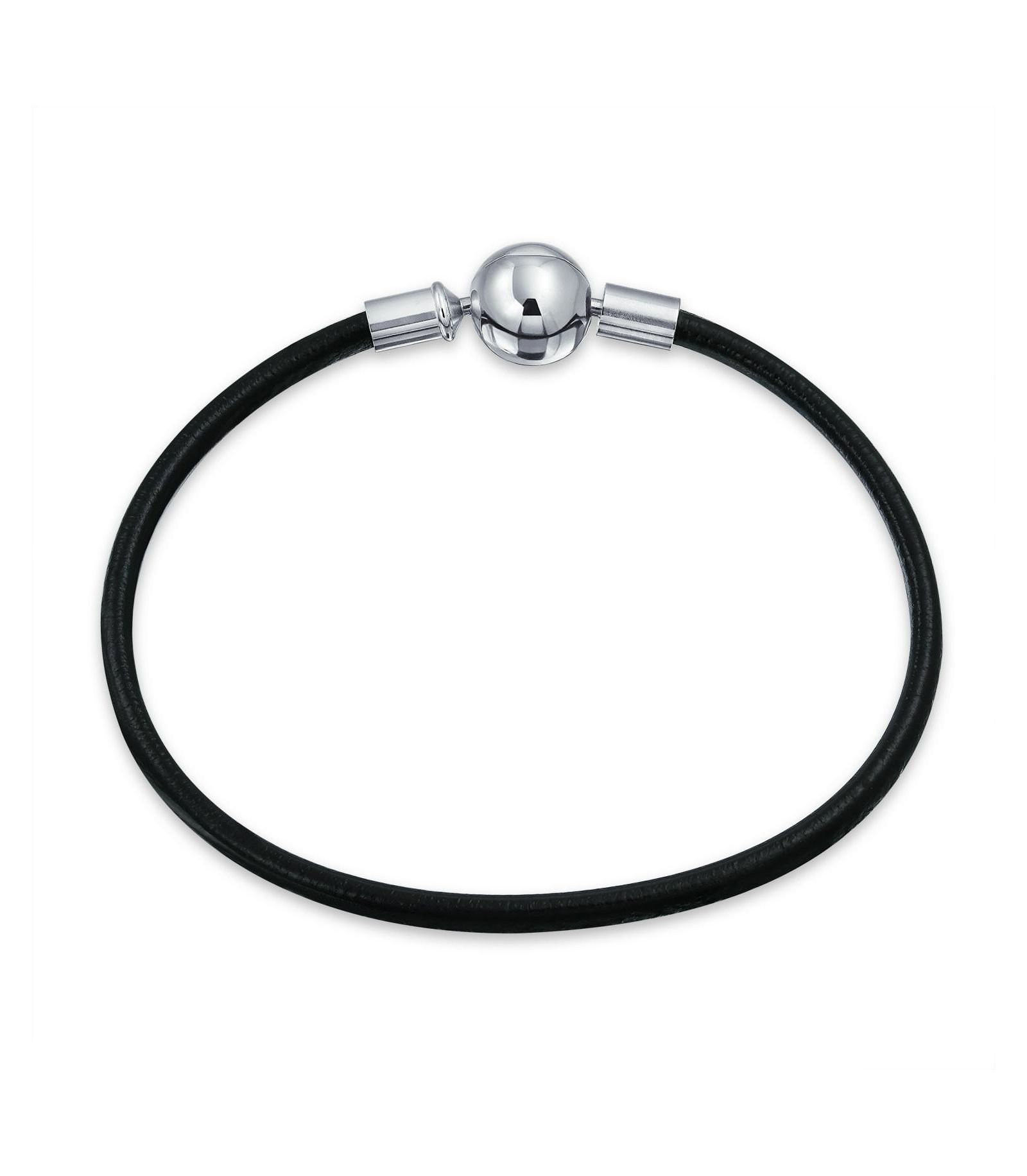 Bling Jewelry Black Genuine Leather Strand Bracelet Sterling Silver Round Barrel Clasp 7"