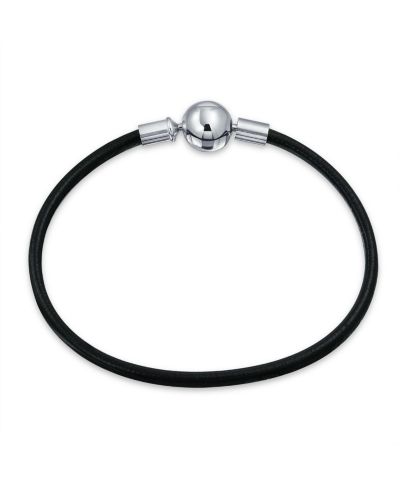 Bling Jewelry Black Genuine Leather Strand Bracelet Sterling Silver Round Barrel Clasp 7"