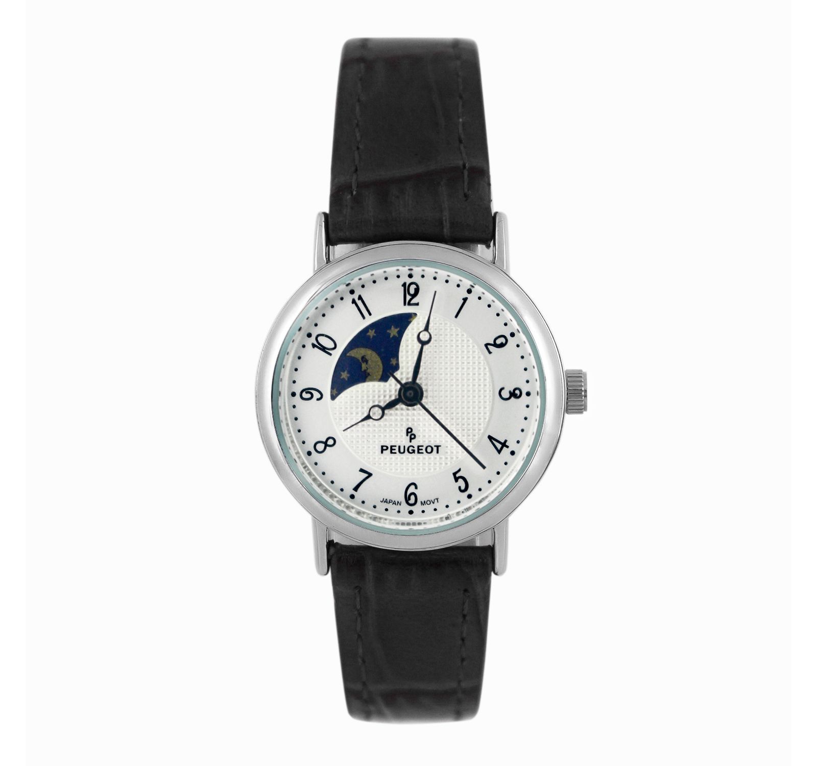 Женские серебряные часы Peugeot 26mm с фазами Луны и Солнца на черном кожаном ремешке