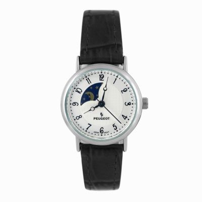 Женские серебряные часы Peugeot 26mm с фазами Луны и Солнца на черном кожаном ремешке