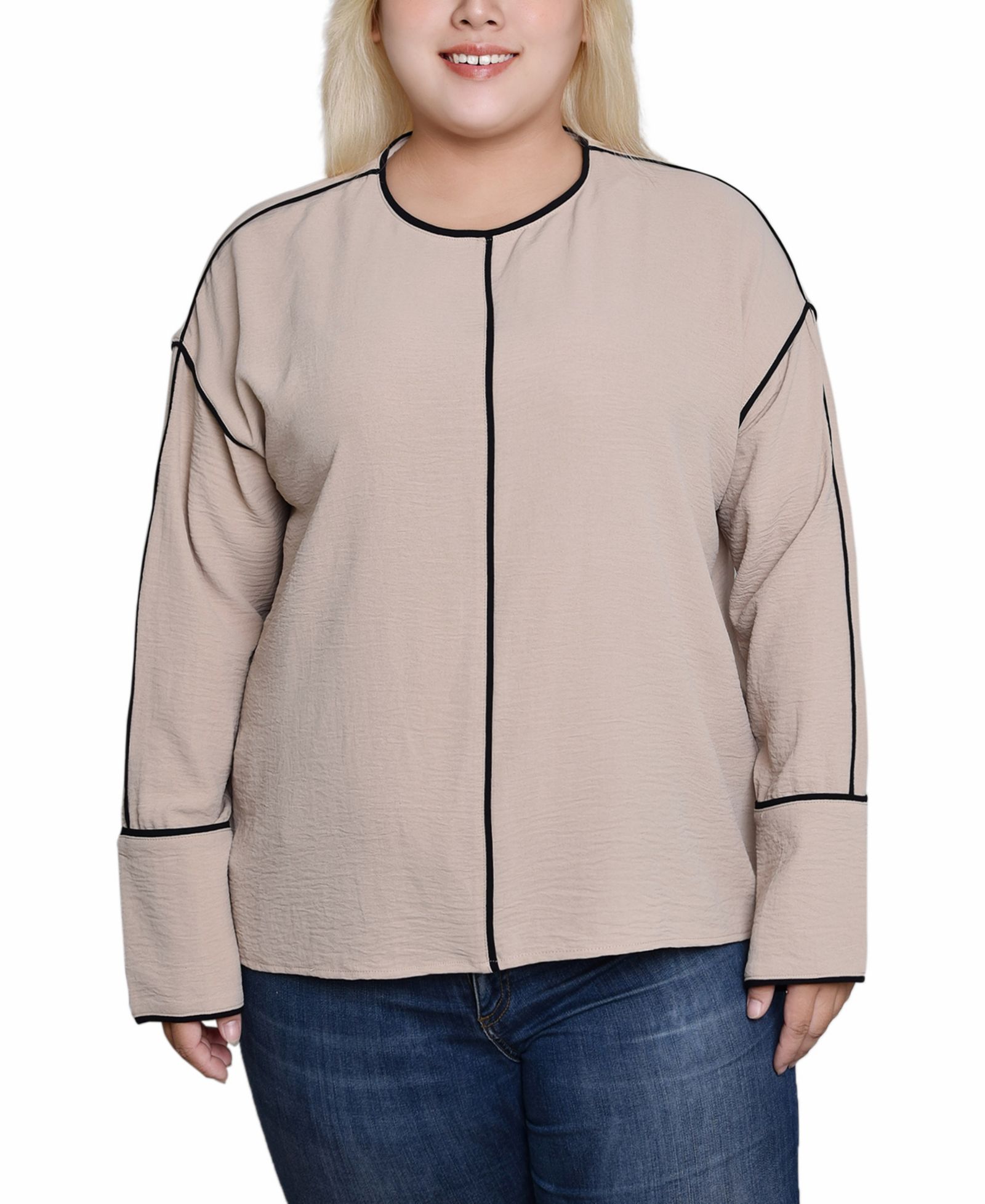 NY Collection Plus Size Long Sleeve Contrast Piped Blouse